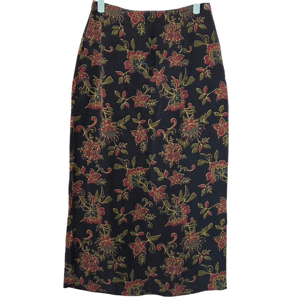 Vintage Nomadic Traders Floral Midi Skirt Womens S Black Burgundy Gold Boho